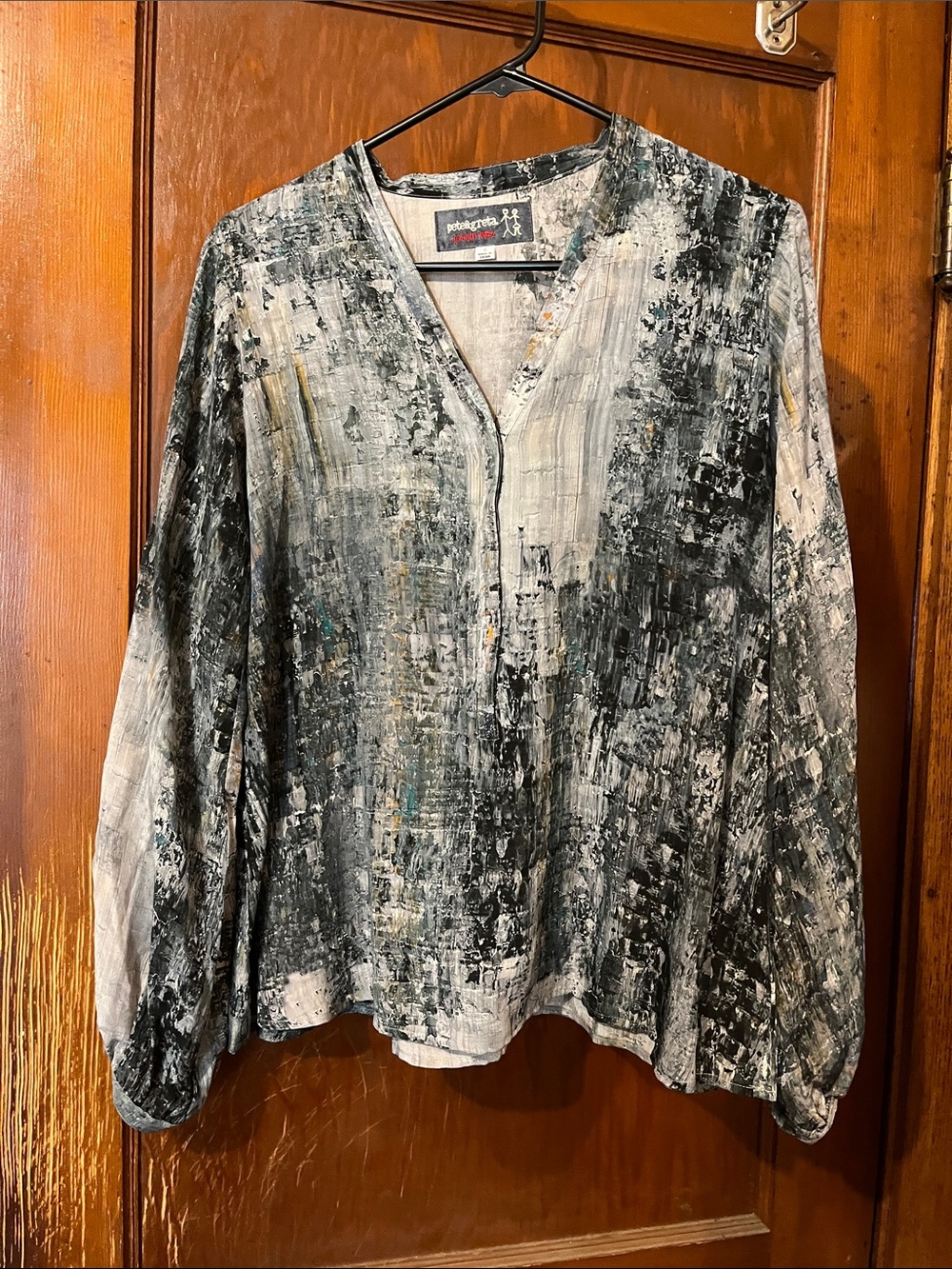 Johnny Was Abstract Painterly Black Gray Cream Blouse